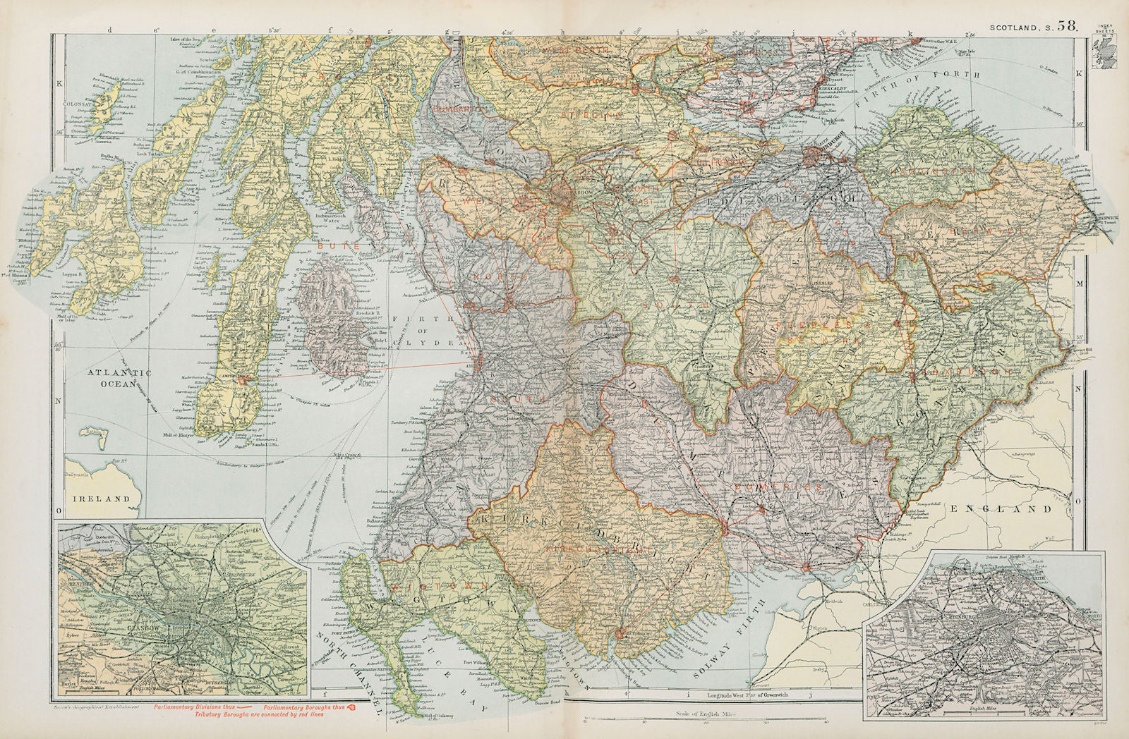 SOUTHERN SCOTLAND. Glasgow Edinburgh. Parliamentary divisions. BACON 1900 map